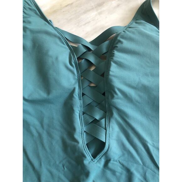 Bleu By Rod Beattie 8 Black Teal Green Tankini Swimsuit Criss Cross Thick Sz 10 - Picture 2 of 5